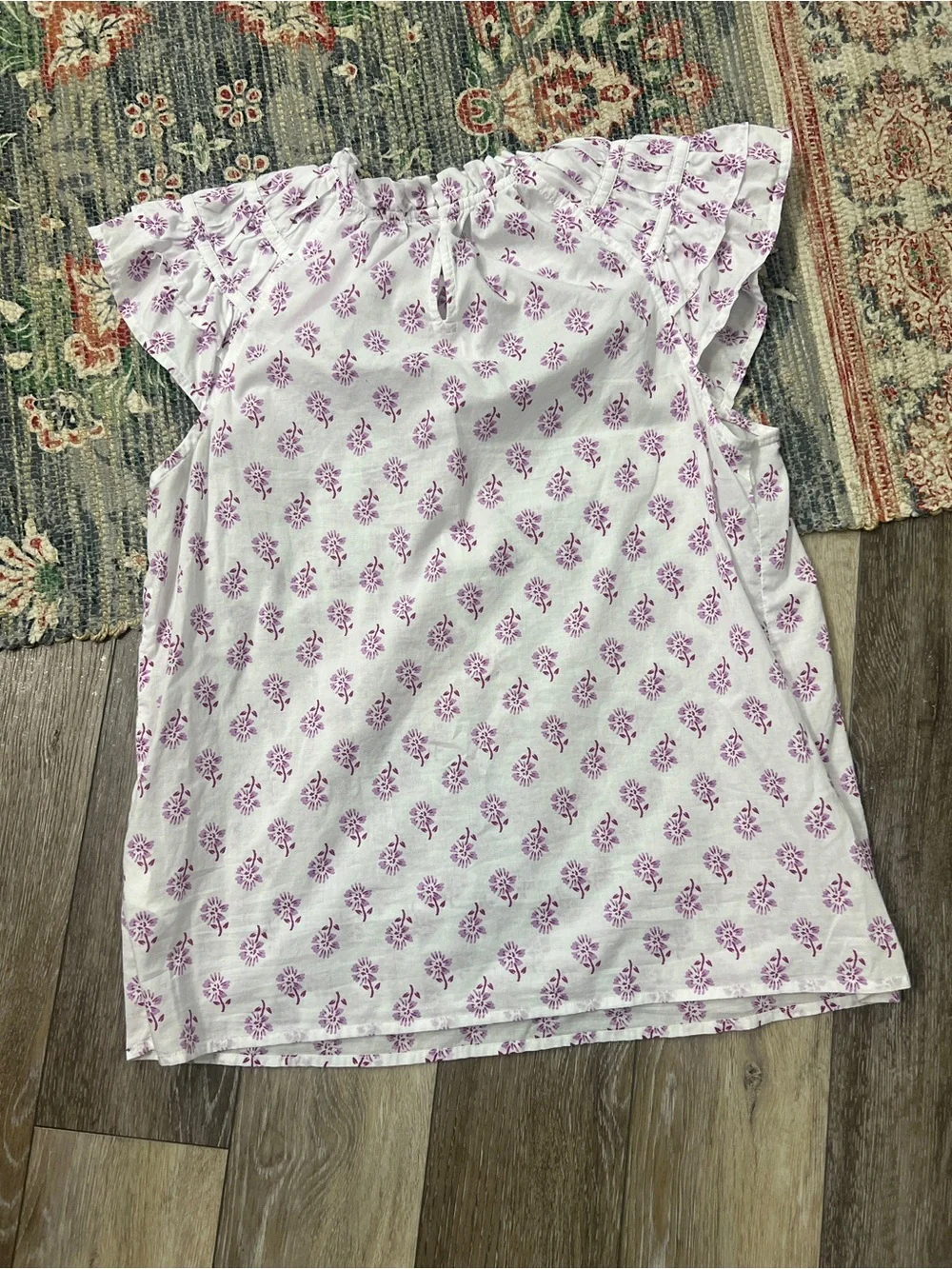 J.Crew Factory flutter-sleeve top features a white base with a purple floral